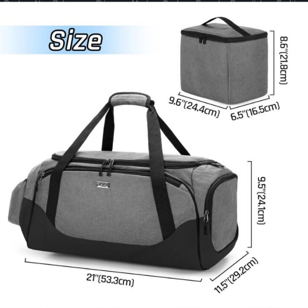 Gym Travel Duffel Bag w/ Insulated Cooler, Black Gray, New